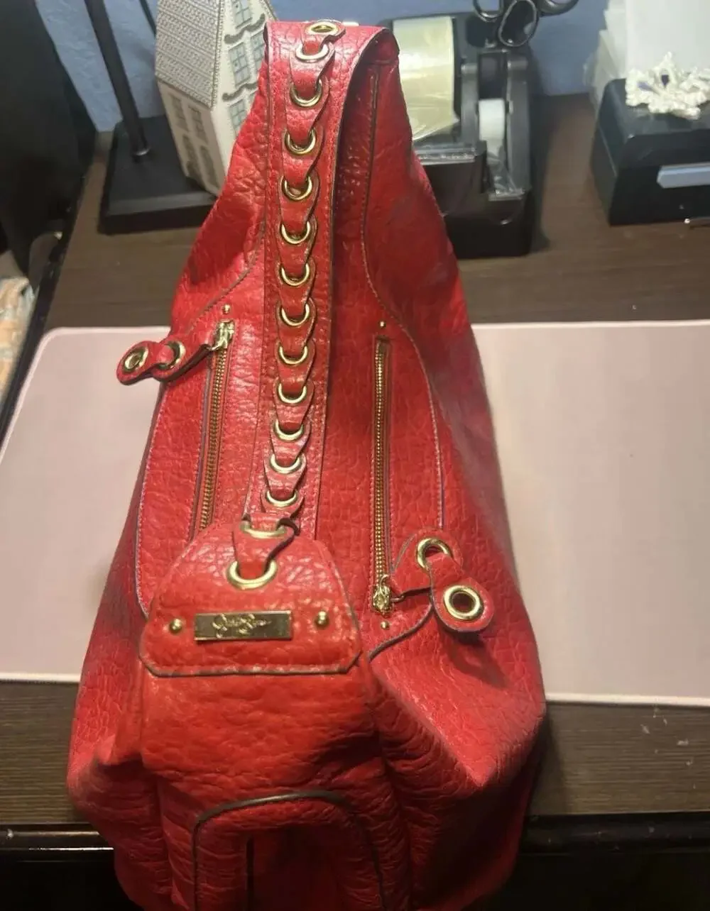 Jessica Simpson Red Textured Leather Hobo Shoulder Bag with Braided Strap